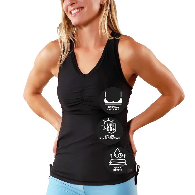 UV SKINZ Women's Swim Tankini â€“ Modest Tankini Top with Built-in Bra Support, UPF 50+ Sun Protection, Flattering Ruched Sides to Conceal Tummy, Comfortable Swimwear for Women - Black - XL - Image 1